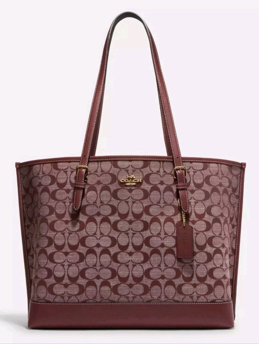 COACH Mollie Wine Signature Denim Chambray Canvas Leather Tote Handbag NWT